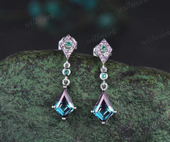 Vintage kite cut alexandrite earrings solid 14k white gold halo amethyst drop earrings women dainty emerald anniversary gift for her