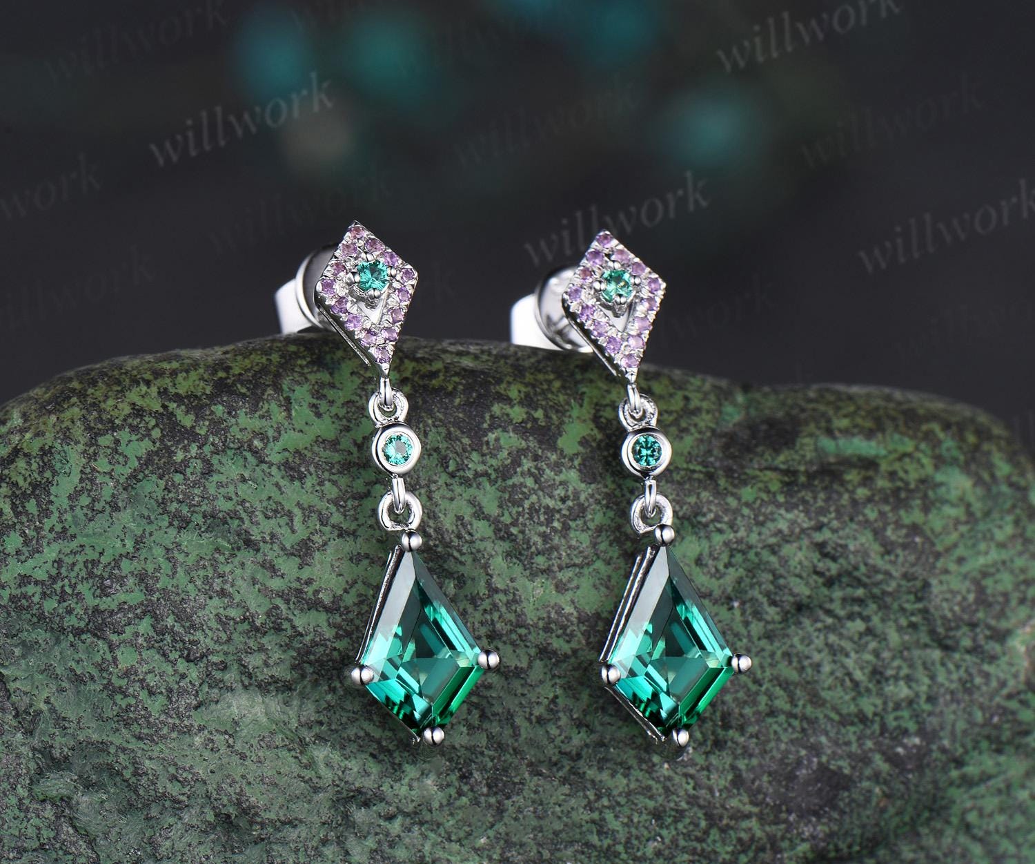 Emerald & Moissanite Dangle Earrings/Sterling Silver Emerald Earrings/Halo Diamond Earrings/Gemstone 2024 Earrings/Anniversary Gift/Birthday Gift