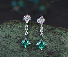 Vintage kite cut green emerald earrings solid 14k white gold halo amethyst drop earrings women dainty  anniversary gift for her