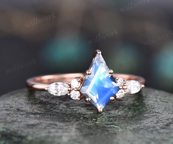 Vintage kite cut natural moonstone engagement ring set 14k rose gold 6 prong marquise cut diamond ring  women unique bridal wedding ring set