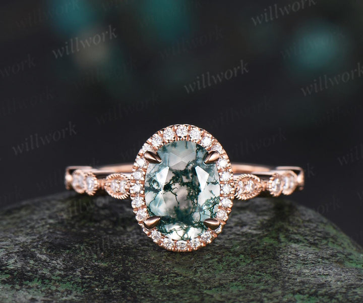 Vintage oval cut green moss agate engagement ring solid 14k rose gold half eternity marquise milgrain halo diamond bridal ring women jewelry