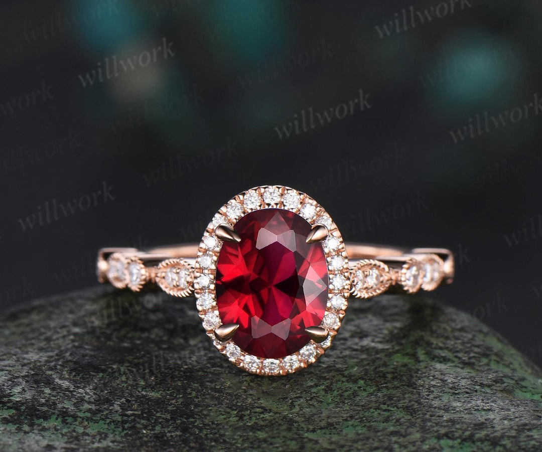 Vintage oval cut red ruby engagement ring solid 14k rose gold half eternity marquise milgrain halo diamond anniversary ring women gift