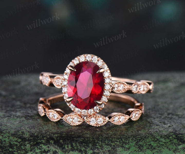 Vintage oval cut red ruby engagement ring solid 14k rose gold half eternity marquise milgrain halo diamond anniversary ring women gift