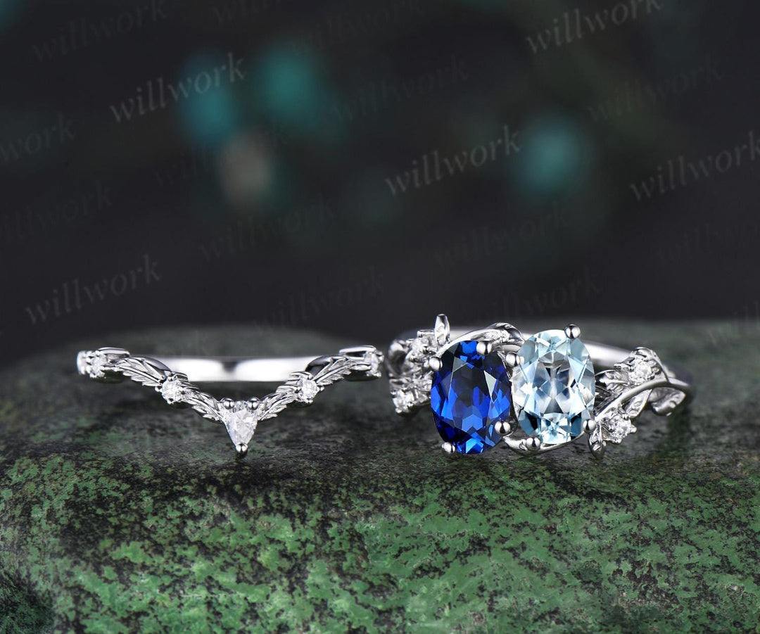 Two stone oval aquamarine sapphire engagement ring white gold leaf diamond bridal set nature inspired unique wedding ring set women jewelry