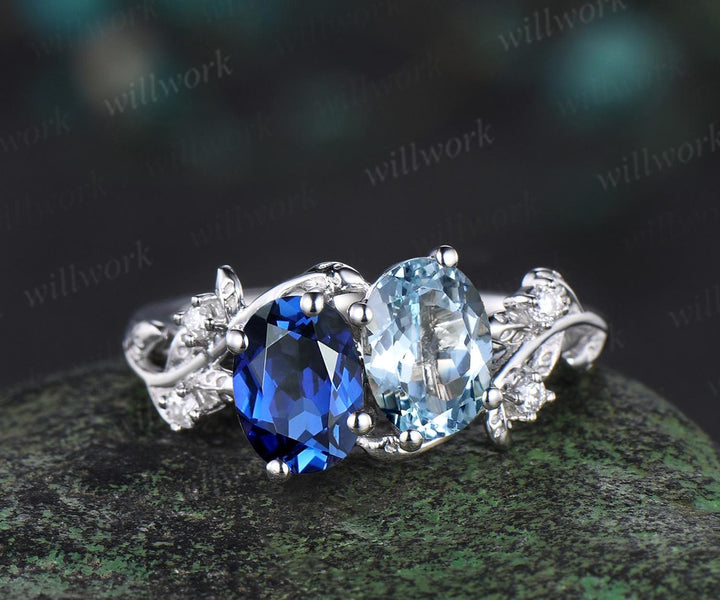 Two stone oval aquamarine sapphire engagement ring white gold leaf diamond bridal set nature inspired unique wedding ring set women jewelry