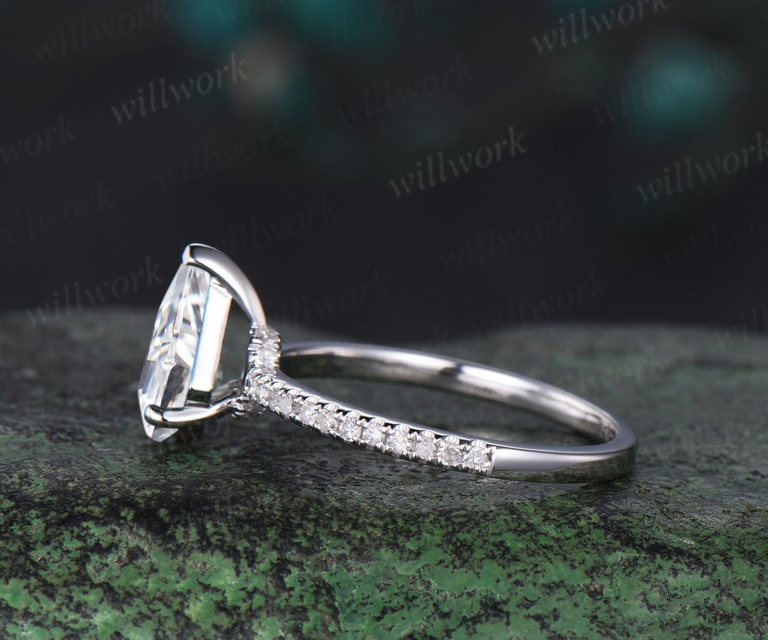 Kite cut natural moissanite engagement ring solid 14k white gold half eternity diamond ring dainty unique wedding promise gift