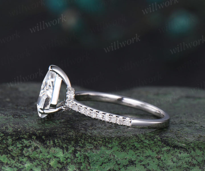 Kite cut natural moissanite engagement ring solid 14k white gold half eternity diamond ring dainty unique wedding promise gift