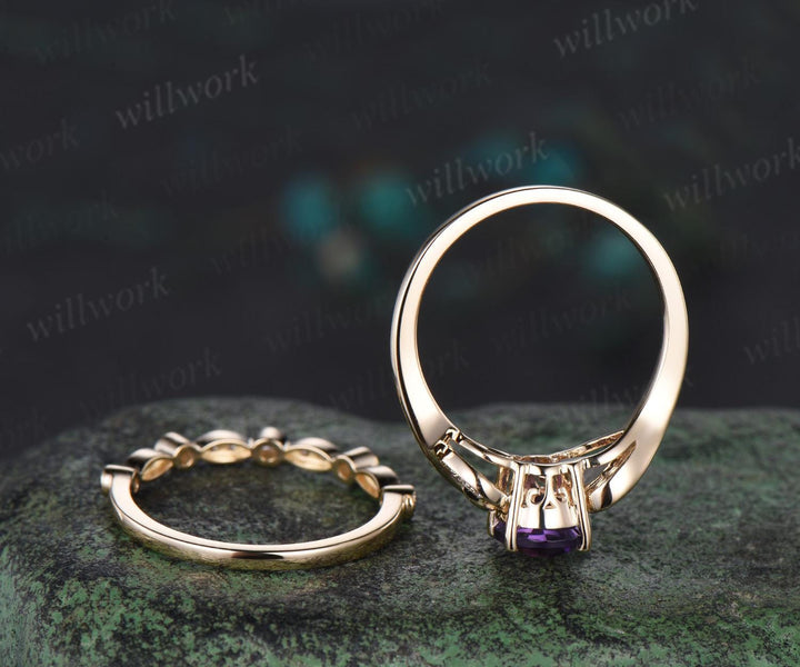 Oval cut purple amethyst ring vintage yellow gold leaf nature inspired engagement ring set half eternity Milgrain diamond bridal set women