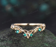 Celtic knot leaf emerald wedding band solid 14k yellow gold stacking matching moissanite bridal anniversary ring gift Norse Viking Jewelry
