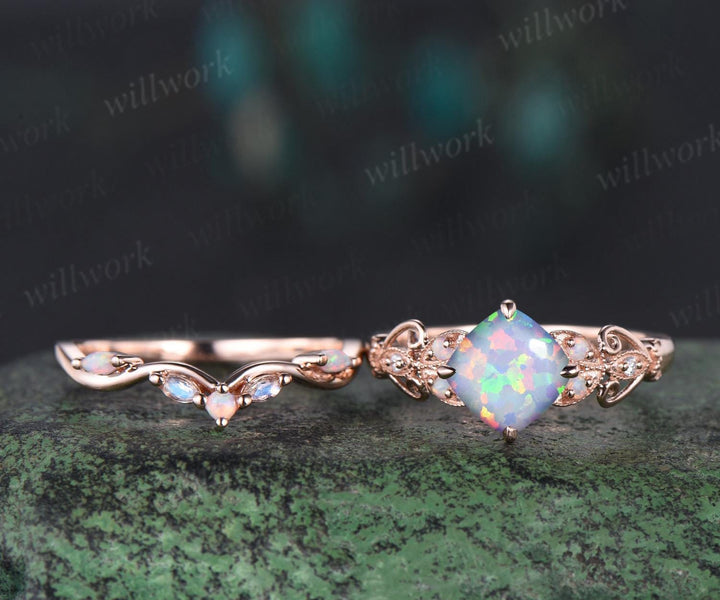 Vintage cushion white opal engagement ring set rose gold butterfly Milgrain opal ring women moonstone stacking wedding bridal set gift