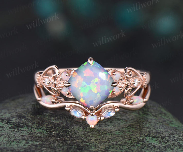 Vintage cushion white opal engagement ring set rose gold butterfly Milgrain opal ring women moonstone stacking wedding bridal set gift