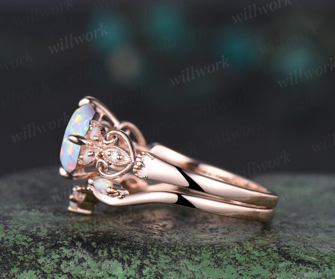 Vintage cushion white opal engagement ring set rose gold butterfly Milgrain opal ring women moonstone stacking wedding bridal set gift