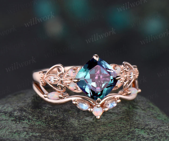 Vintage cushion cut alexandrite engagement ring set rose gold butterfly Milgrain opal ring women moonstone stacking wedding bridal set gift