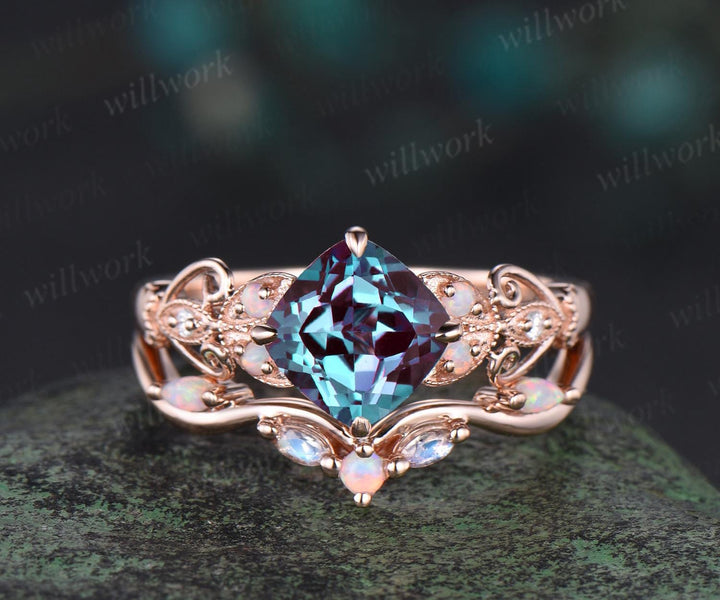 Vintage cushion cut alexandrite engagement ring set rose gold butterfly Milgrain opal ring women moonstone stacking wedding bridal set gift