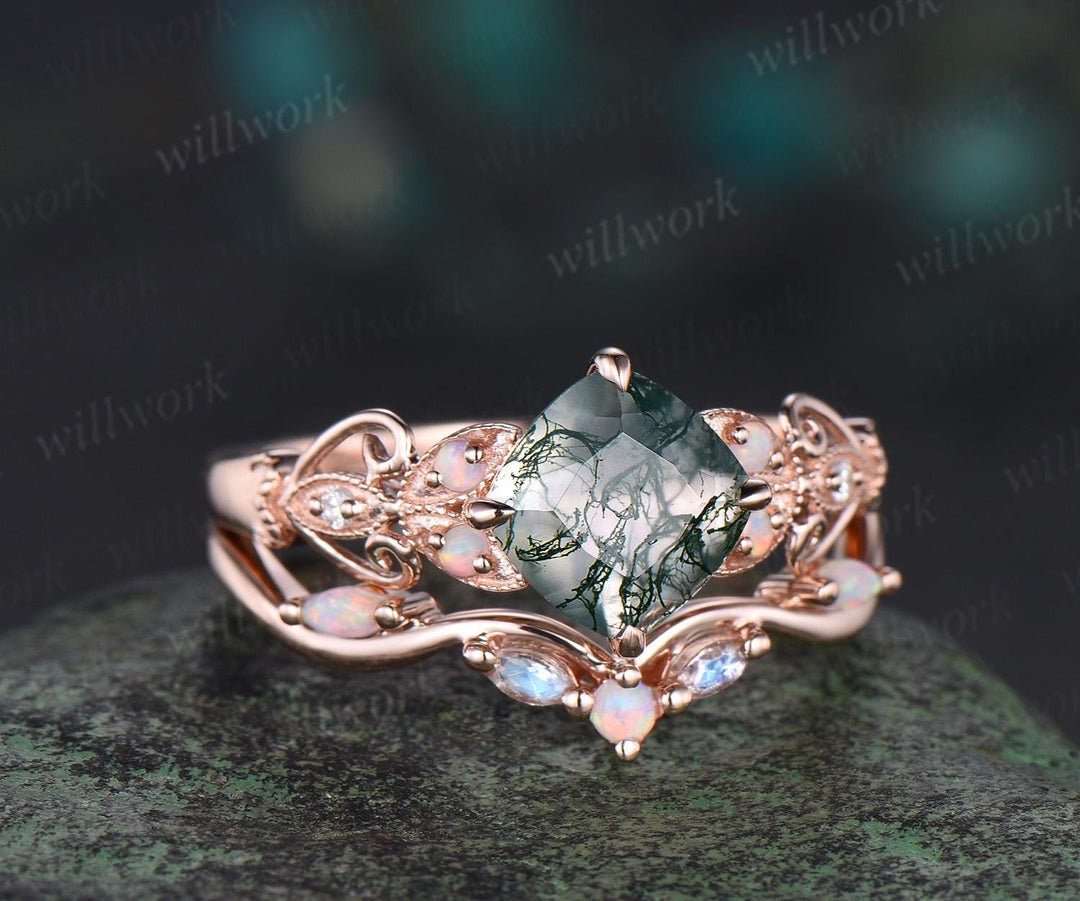 Vintage cushion cut moss agate engagement ring set rose gold butterfly Milgrain opal ring women moonstone stacking wedding bridal set gift