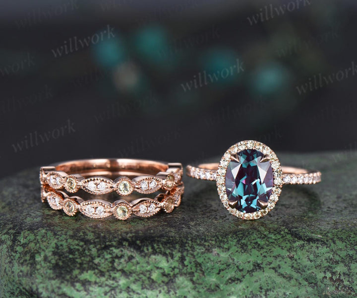 Oval cut Alexandrite engagement ring set halo peridot ring rose gold vintage milgrain half eternity diamond bridal ring set women jewelry