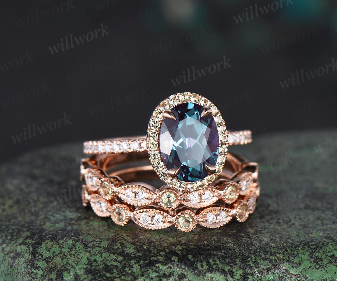 Oval cut Alexandrite engagement ring set halo peridot ring rose gold vintage milgrain half eternity diamond bridal ring set women jewelry