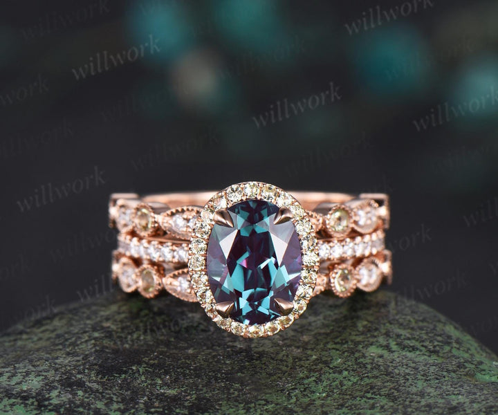 Oval cut Alexandrite engagement ring set halo peridot ring rose gold vintage milgrain half eternity diamond bridal ring set women jewelry