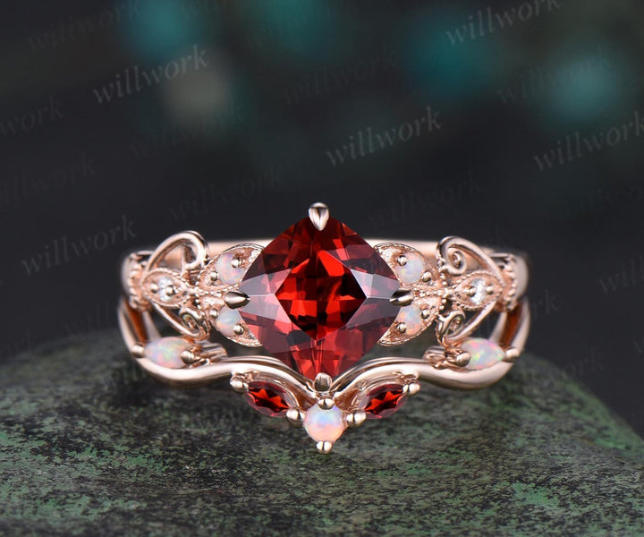 Vintage cushion cut red garnet engagement ring set rose gold butterfly Milgrain opal ring women stacking anniversary ring set gift