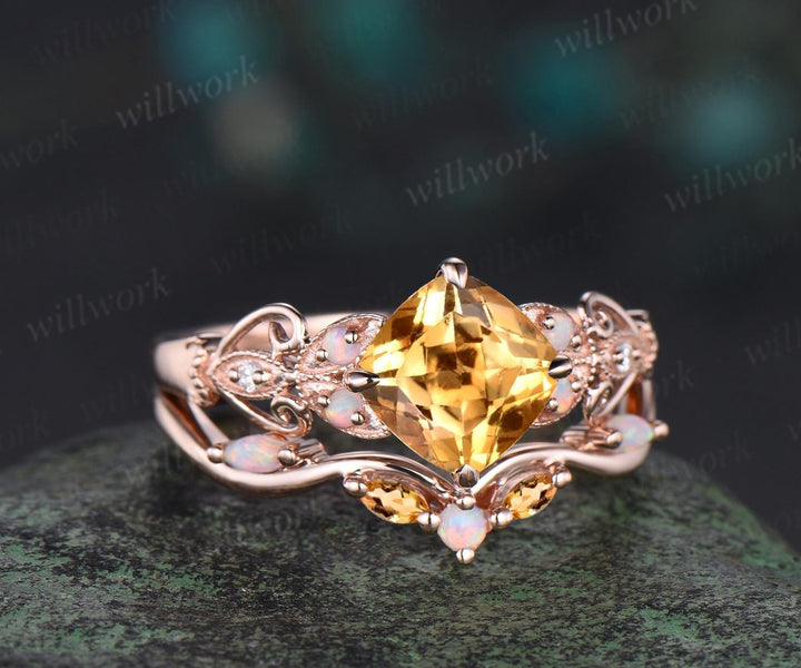 Vintage cushion cut yellow citrine engagement ring set rose gold butterfly Milgrain opal ring women stacking anniversary ring set gift