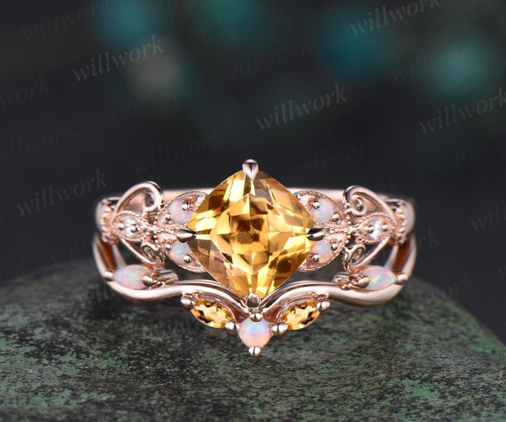 Vintage cushion cut yellow citrine engagement ring set rose gold butterfly Milgrain opal ring women stacking anniversary ring set gift