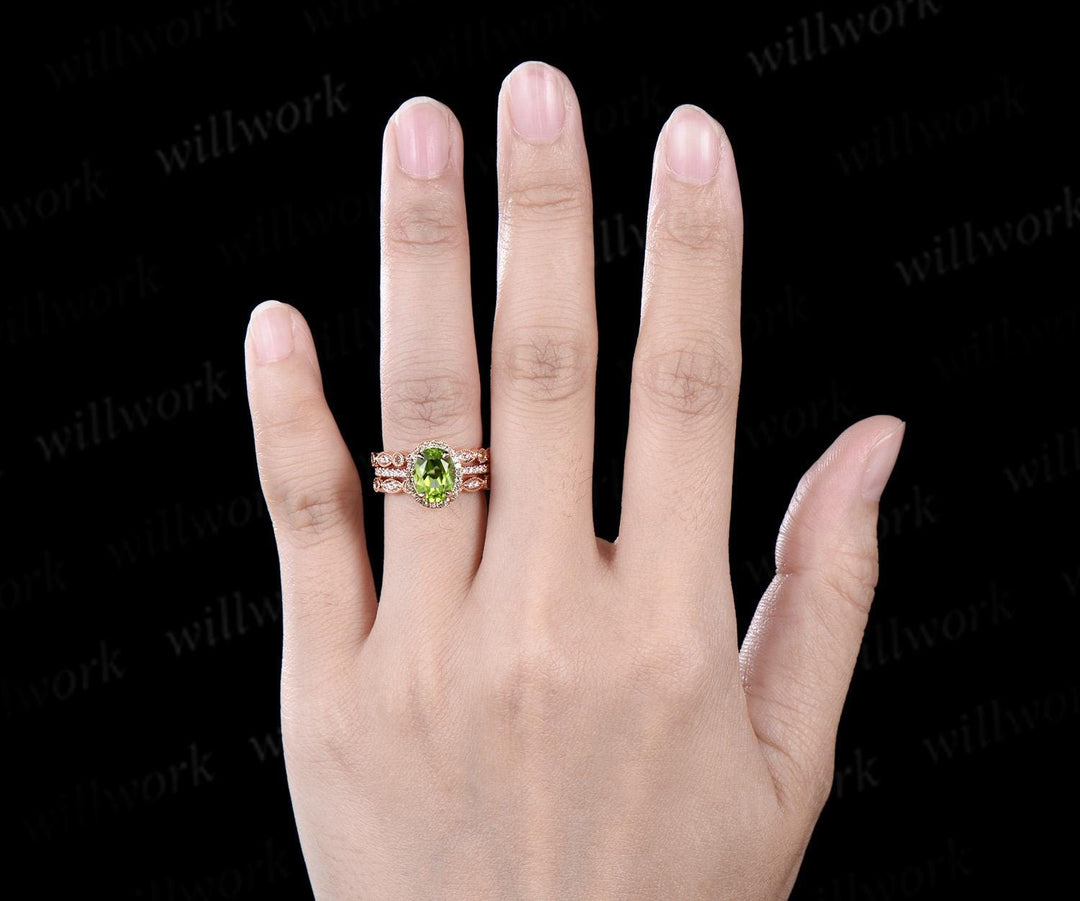 Vintage oval cut peridot engagement ring milgrain half eternity diamond ring 14k rose gold art deco unique anniversary bridal ring set women