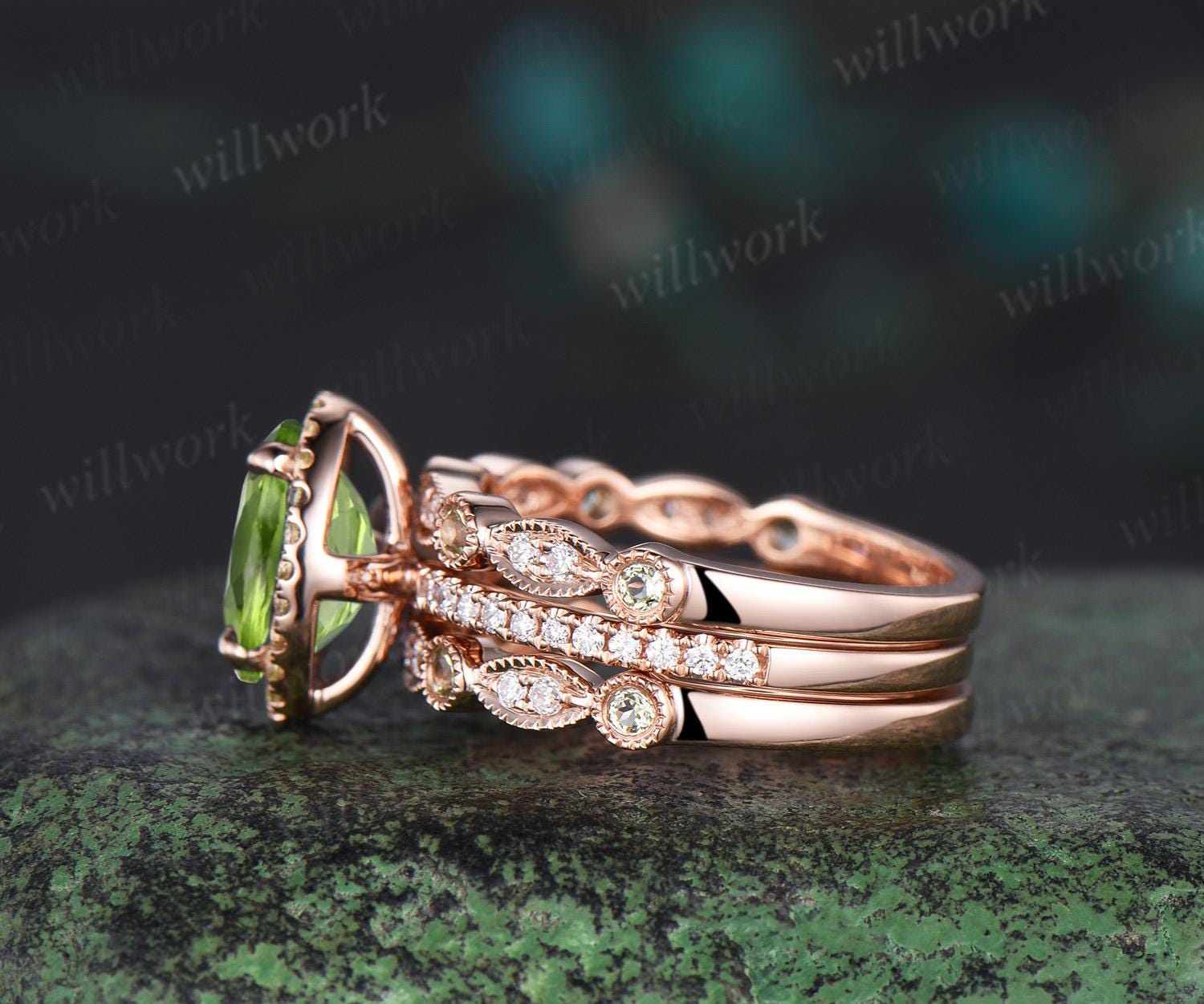 Natural Peridot Engagement Ring Rose Gold 2024 Peridot Half Eternity Band For Women Vintage Peridot Art Deco Wedding Anniversary Band For Her