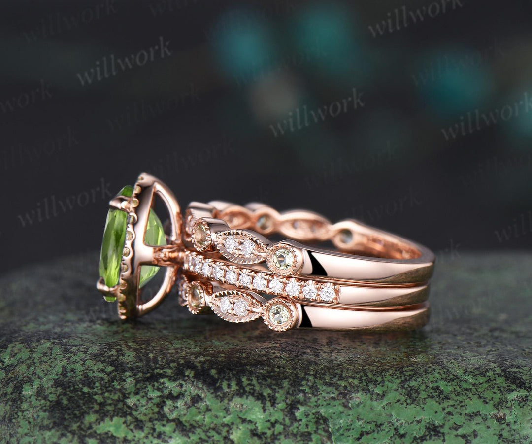 Vintage oval cut peridot engagement ring milgrain half eternity diamond ring 14k rose gold art deco unique anniversary bridal ring set women