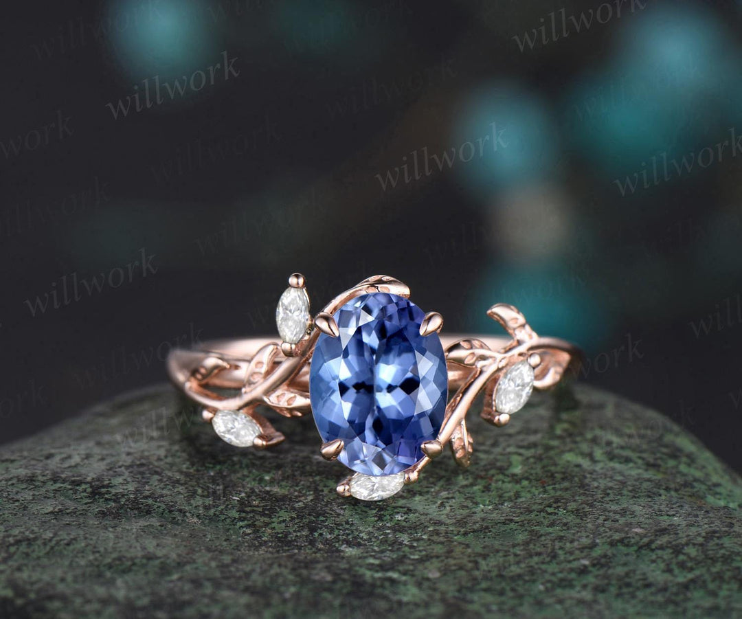 Vintage oval cut Tanzanite engagement ring 14k rose gold leaf nature inspired ring women unique cluster diamond bridal wedding ring set