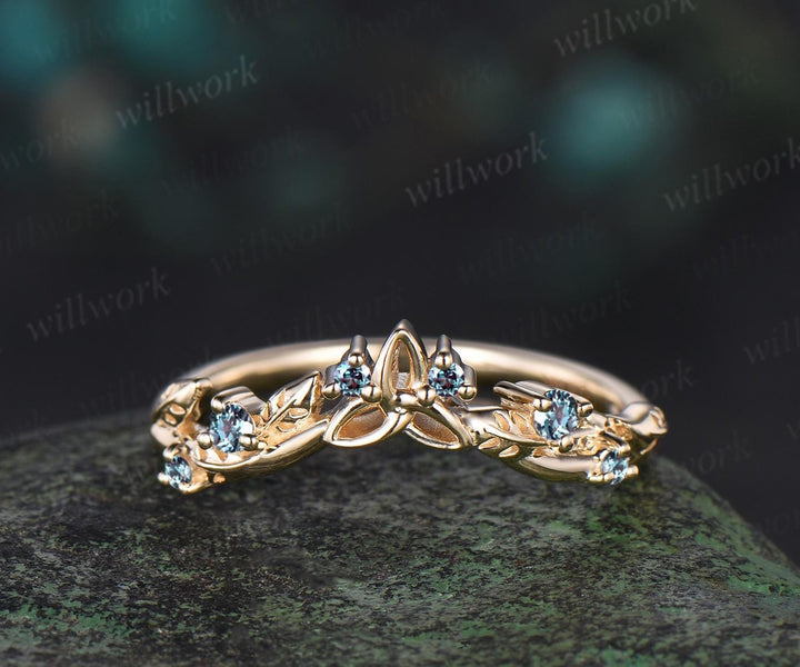 Celtic knot leaf Alexandrite wedding band solid 14k yellow gold stacking matching bridal anniversary ring gift Norse Viking Jewelry