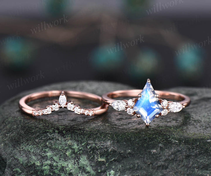 Vintage kite cut natural moonstone engagement ring set 14k rose gold 6 prong marquise cut diamond ring  women unique bridal wedding ring set