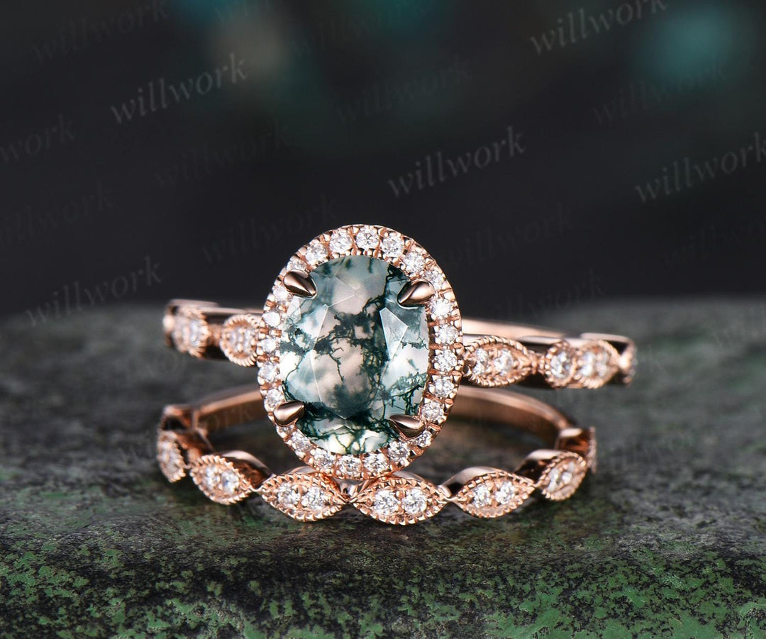 Vintage oval cut green moss agate engagement ring solid 14k rose gold half eternity marquise milgrain halo diamond bridal ring women jewelry