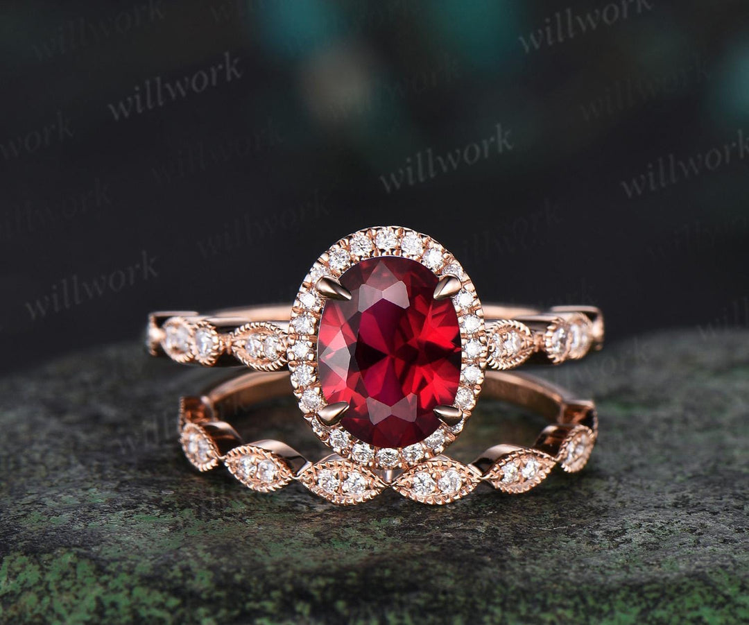 Vintage oval cut red ruby engagement ring solid 14k rose gold half eternity marquise milgrain halo diamond anniversary ring women gift