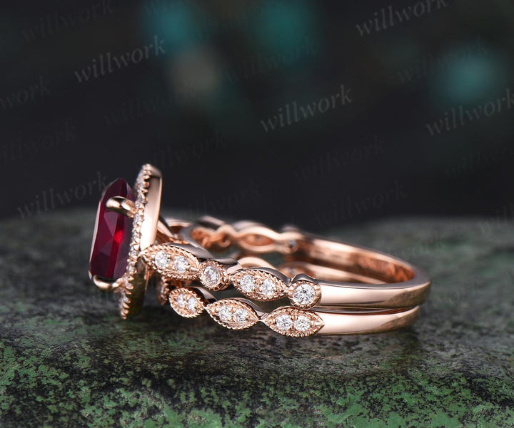 Vintage oval cut red ruby engagement ring solid 14k rose gold half eternity marquise milgrain halo diamond anniversary ring women gift