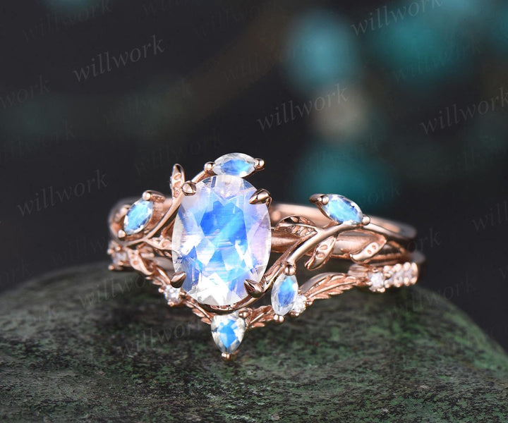 Vintage oval cut moonstone engagement ring rose gold art deco cluster leaf nature inspired moissanite bridal promise wedding ring set women