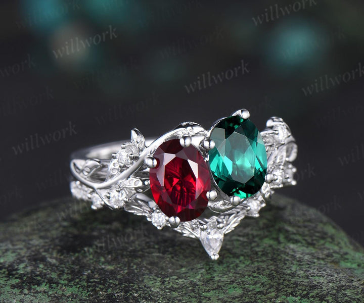 Two stone oval emerald ruby engagement ring 14k white gold leaf diamond bridal set nature inspired unique wedding ring set women jewelry