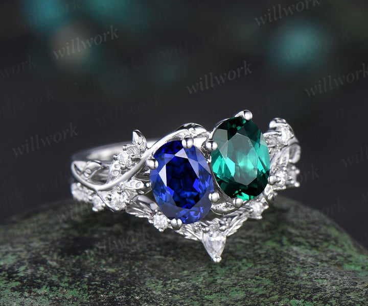 Two stone oval emerald sapphire engagement ring 14k white gold leaf diamond bridal set nature inspired unique wedding ring set women jewelry