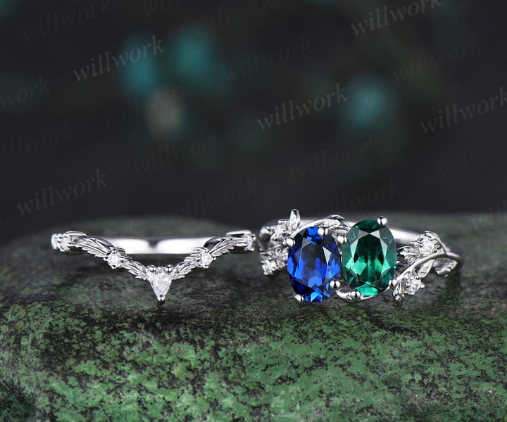 Two stone oval emerald sapphire engagement ring 14k white gold leaf diamond bridal set nature inspired unique wedding ring set women jewelry