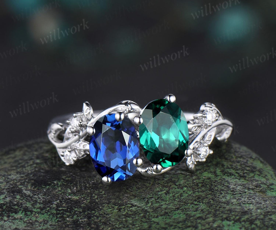 Two stone oval emerald sapphire engagement ring 14k white gold leaf diamond bridal set nature inspired unique wedding ring set women jewelry