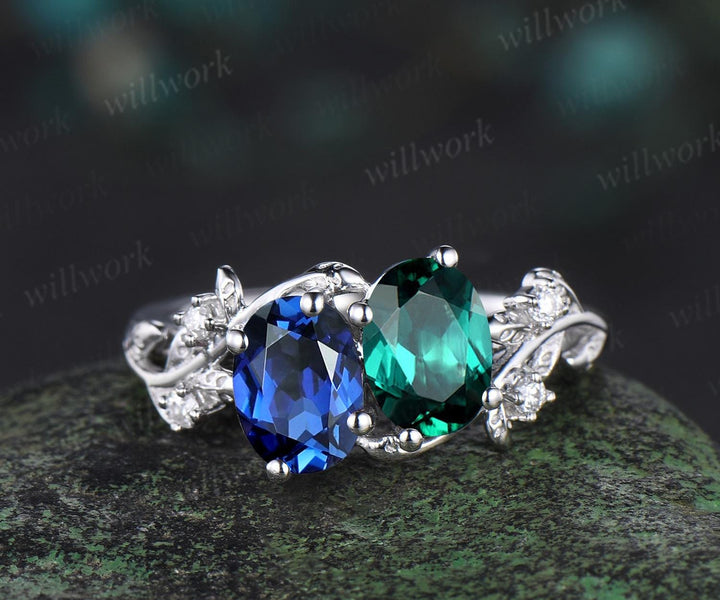 Two stone oval emerald sapphire engagement ring 14k white gold leaf diamond bridal set nature inspired unique wedding ring set women jewelry