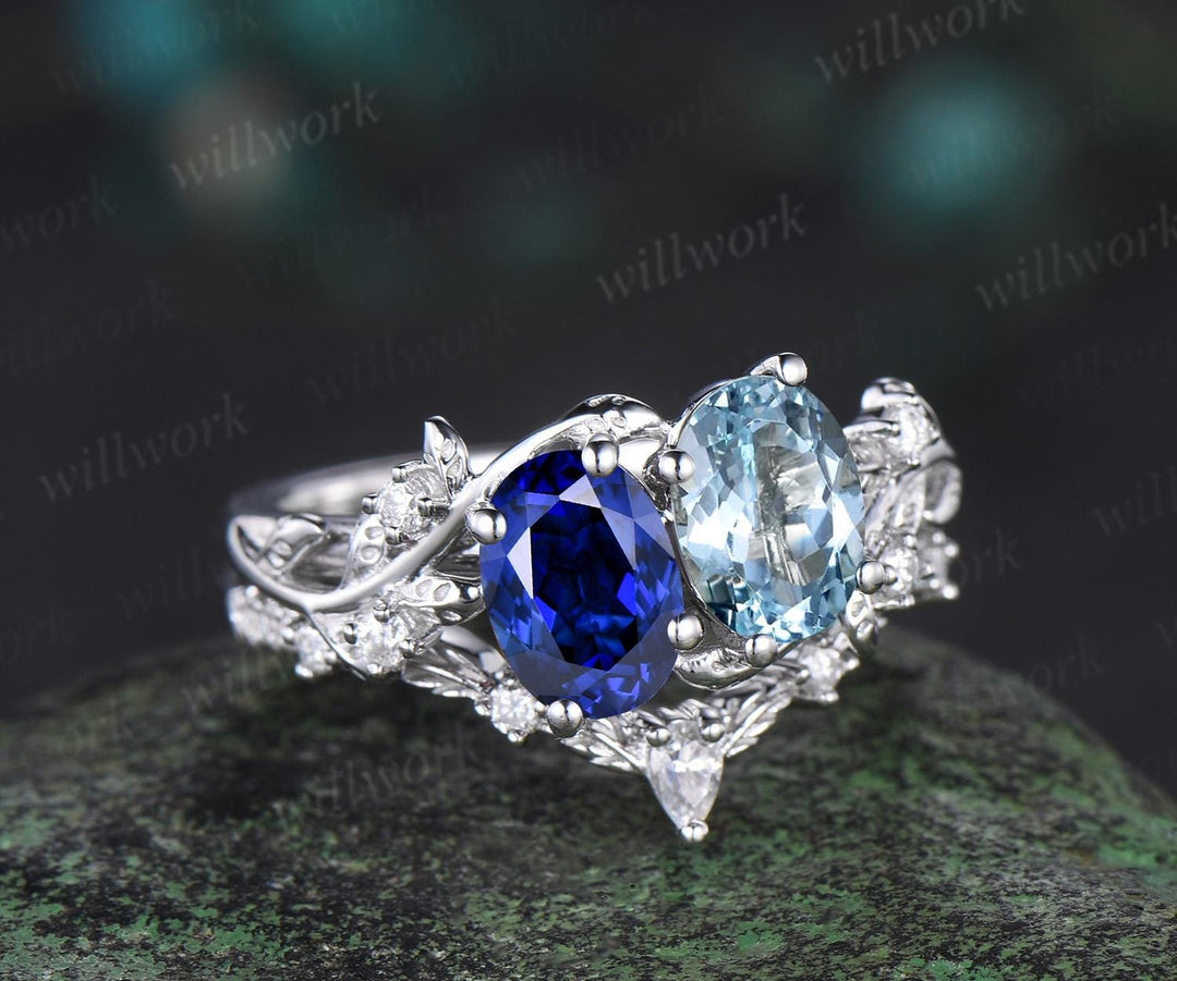 Two stone oval aquamarine sapphire engagement ring white gold leaf diamond bridal set nature inspired unique wedding ring set women jewelry