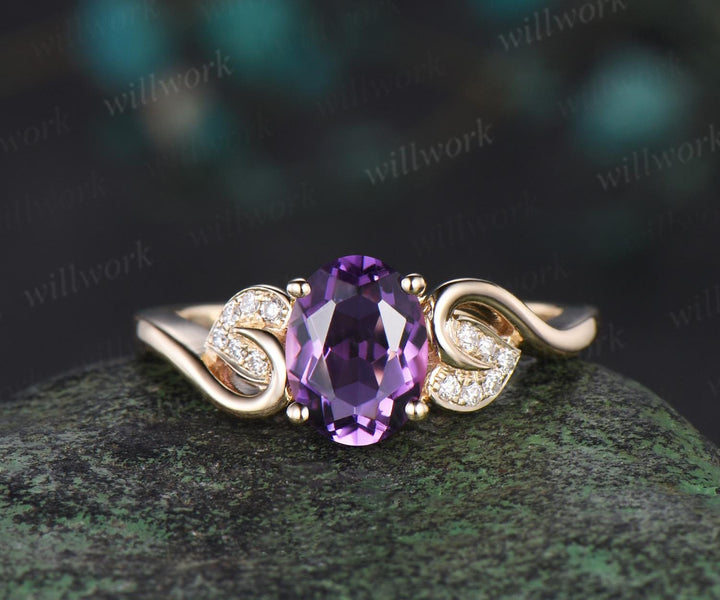 Oval cut purple amethyst ring vintage yellow gold leaf nature inspired engagement ring set half eternity Milgrain diamond bridal set women