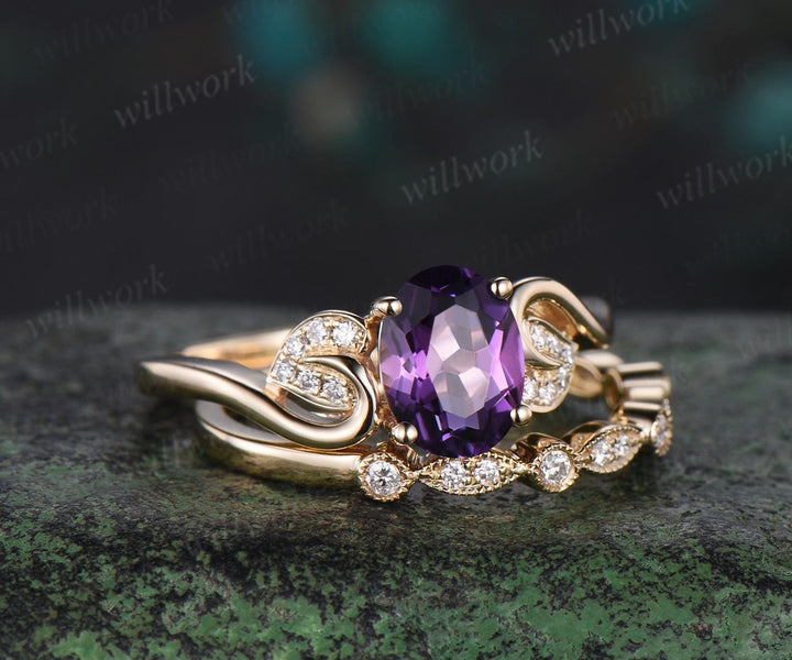 Oval cut purple amethyst ring vintage yellow gold leaf nature inspired engagement ring set half eternity Milgrain diamond bridal set women