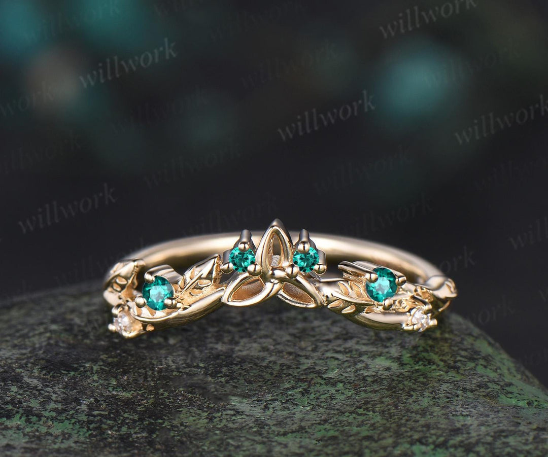 Celtic knot leaf emerald wedding band solid 14k yellow gold stacking matching moissanite bridal anniversary ring gift Norse Viking Jewelry