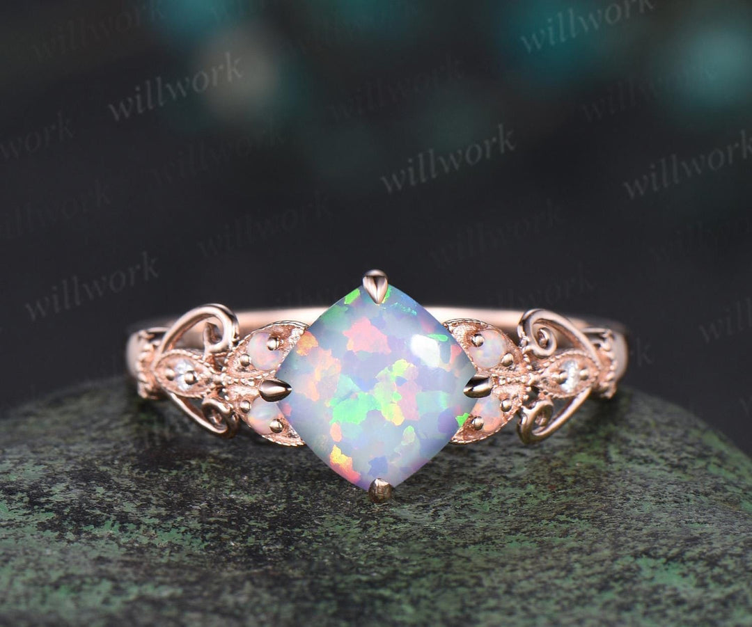 Vintage cushion white opal engagement ring set rose gold butterfly Milgrain opal ring women moonstone stacking wedding bridal set gift