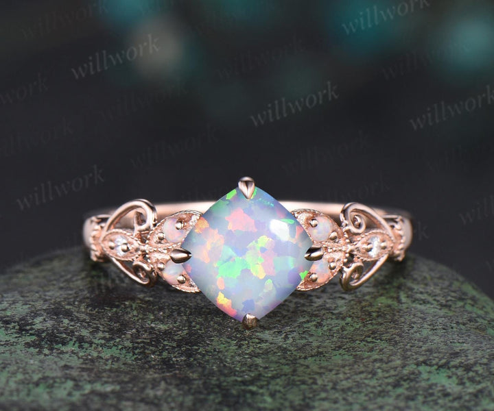 Vintage cushion white opal engagement ring set rose gold butterfly Milgrain opal ring women moonstone stacking wedding bridal set gift