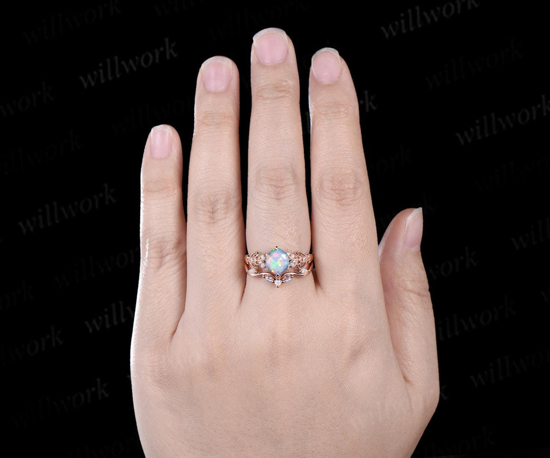 Vintage cushion white opal engagement ring set rose gold butterfly Milgrain opal ring women moonstone stacking wedding bridal set gift