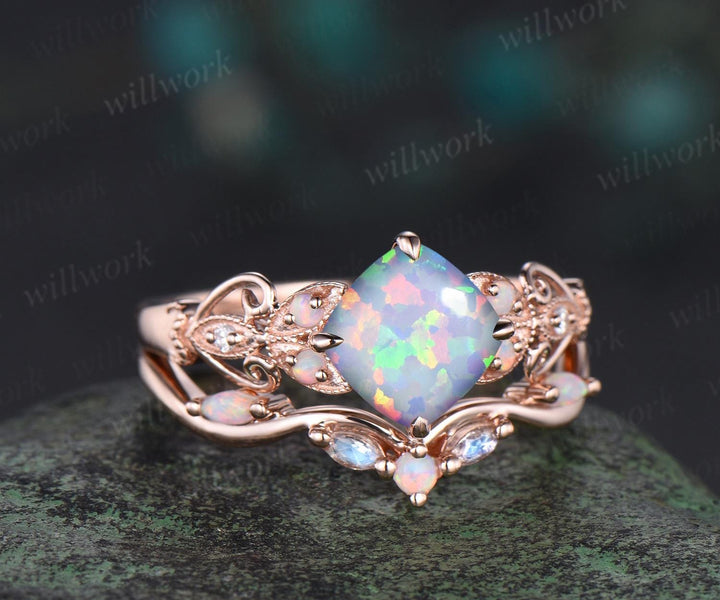 Vintage cushion white opal engagement ring set rose gold butterfly Milgrain opal ring women moonstone stacking wedding bridal set gift