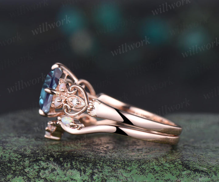 Vintage cushion cut alexandrite engagement ring set rose gold butterfly Milgrain opal ring women moonstone stacking wedding bridal set gift