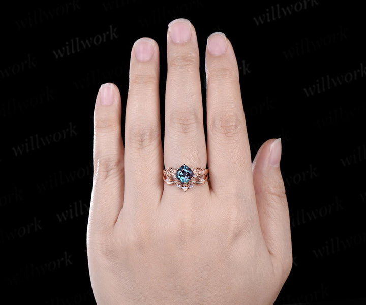 Vintage cushion cut alexandrite engagement ring set rose gold butterfly Milgrain opal ring women moonstone stacking wedding bridal set gift